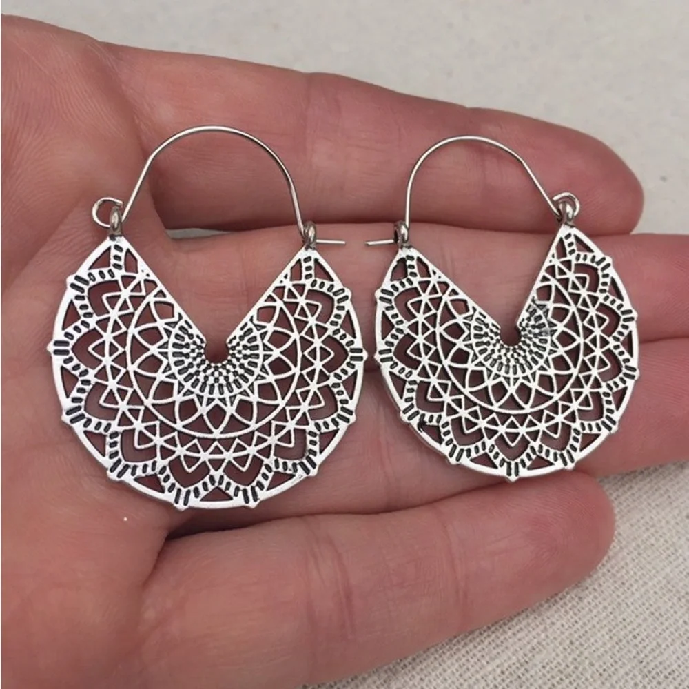 New Bohemian Mandala Minimalist Cut Out Hypoallergenic Silver Hoop Earrings